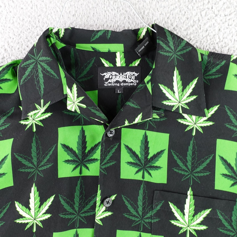 Dragonfly Clothing Company Button Down Mens L Black Green Marijuana Leaf Shirt‎